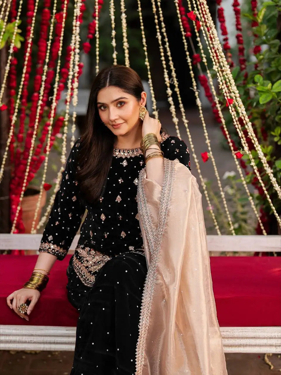 Embroidered Velvet Palazzo Suit Set