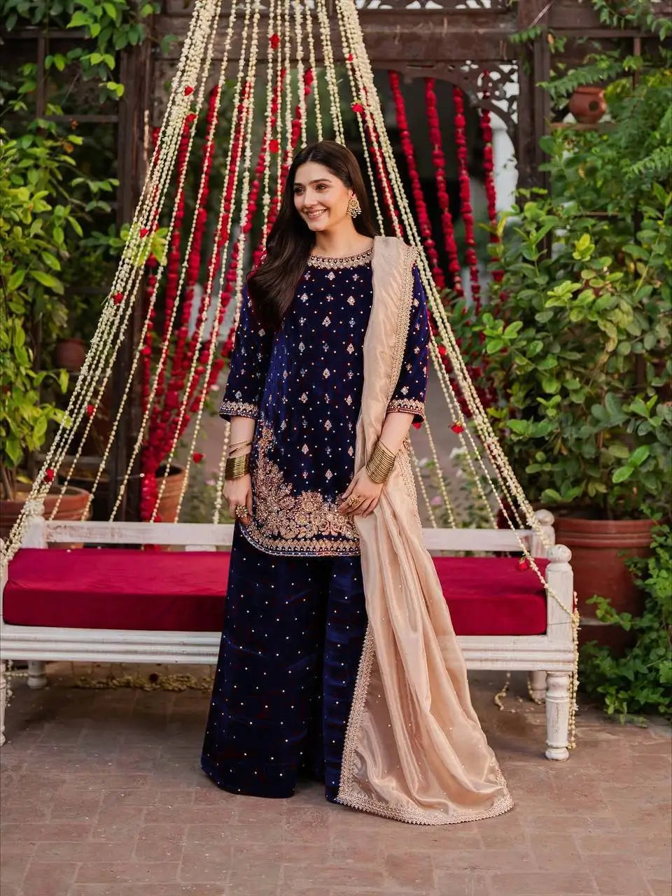Embroidered Velvet Palazzo Suit Set
