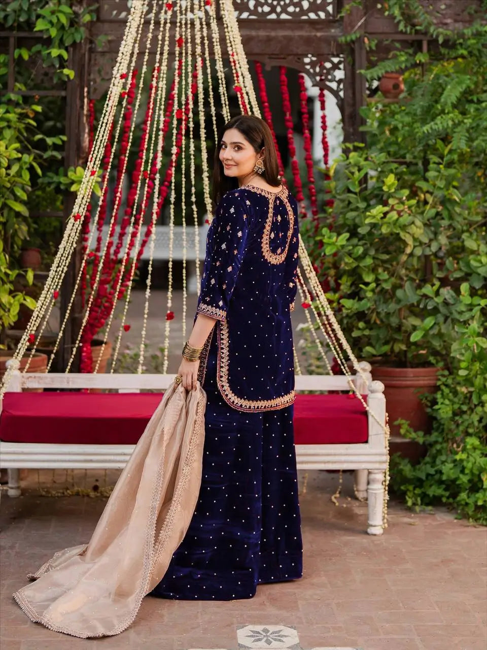 Embroidered Velvet Palazzo Suit Set