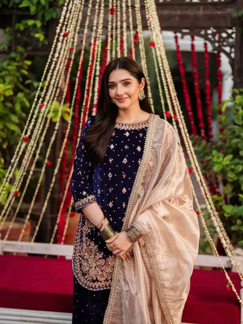 Embroidered Velvet Palazzo Suit Set