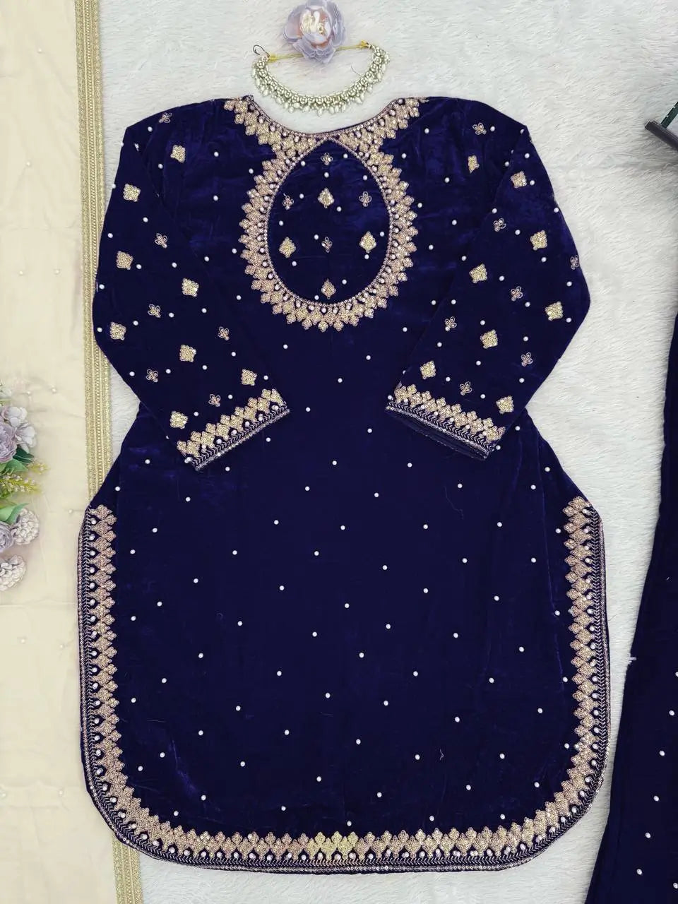 Embroidered Velvet Palazzo Suit Set
