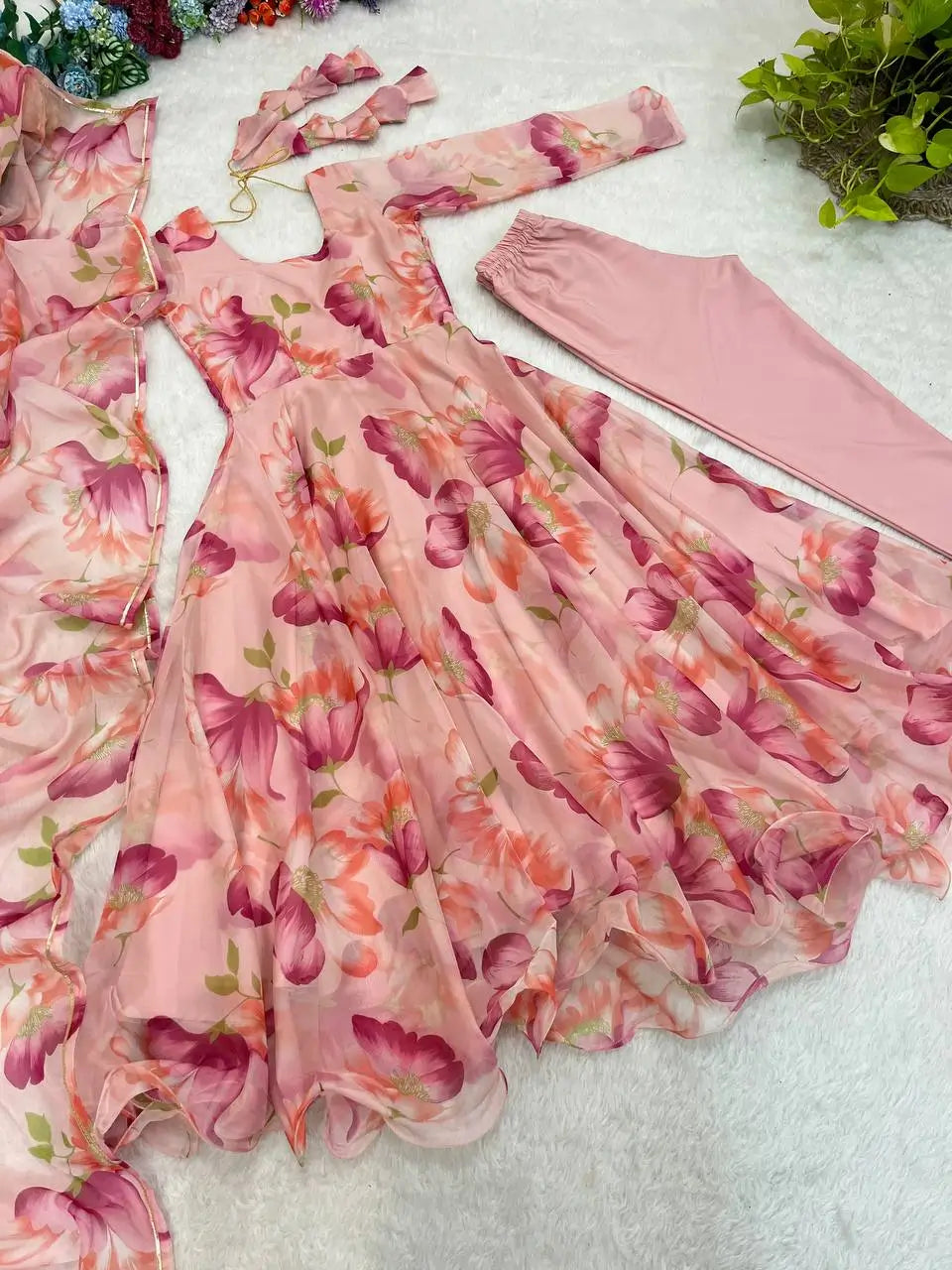 Floral Organza Taby Silk Anarkali Gown Set with Dupatta