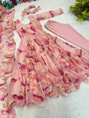 Floral Organza Taby Silk Anarkali Gown Set with Dupatta