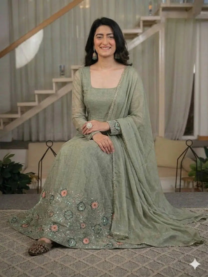 Sage Floral Sequin Anarkali