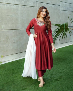 Embroidered Kesriya Silk Anarkali Set with Dupatta