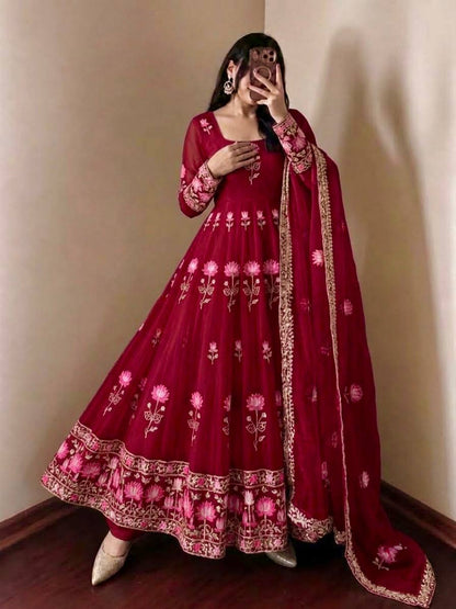 Lotus Embroidered Shimmer Silk Anarkali