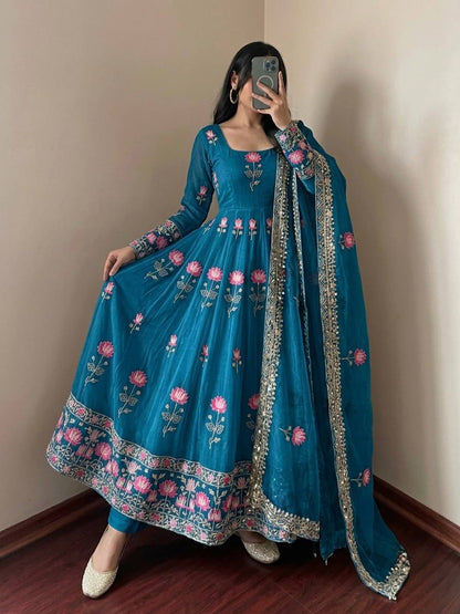 Lotus Embroidered Shimmer Silk Anarkali