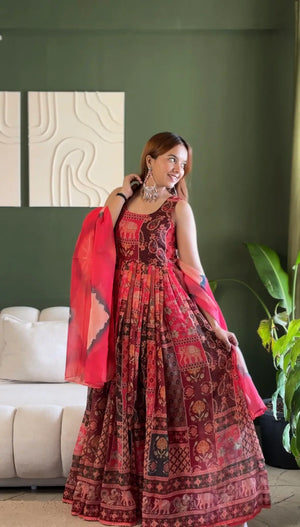 Digital Printed Organza Silk Anarkali Gown Set