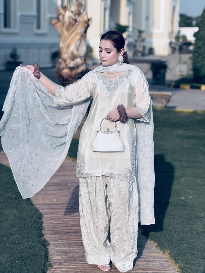 White Sequin Crepe Farshi Palazzo Suit