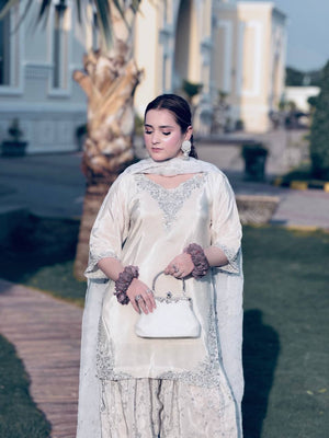 White Sequin Crepe Farshi Palazzo Suit