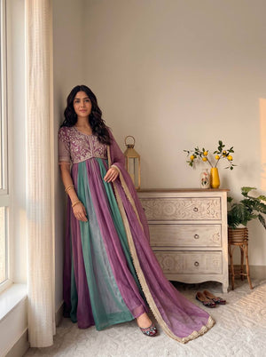 Rose Pink Striped Silk Anarkali Gown