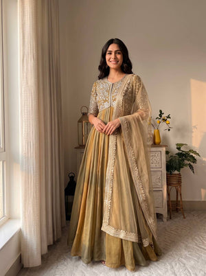 Rose Pink Striped Silk Anarkali Gown