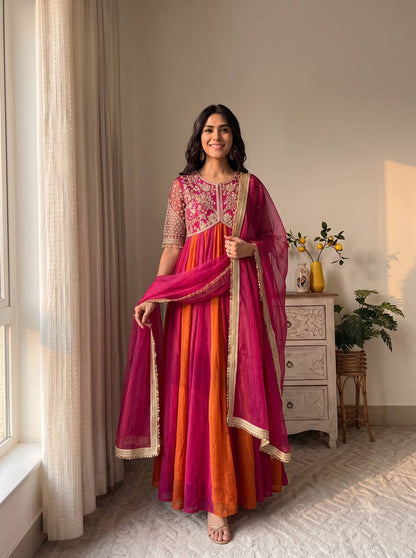 Rose Pink Striped Silk Anarkali Gown