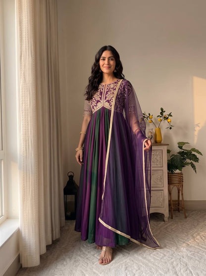 Rose Pink Striped Silk Anarkali Gown