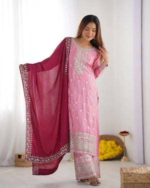 Embroidered Chinnon Silk Suit Set with Dupatta
