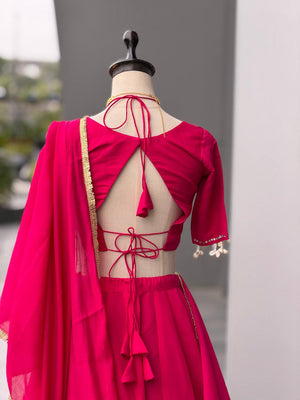 Pink Roman Silk Lehenga with Mirror Blouse