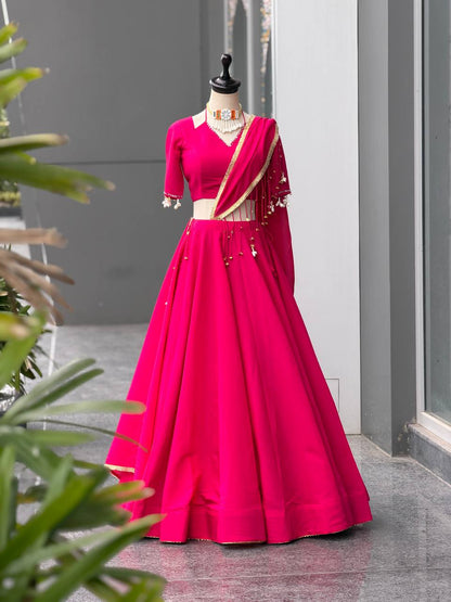 Pink Roman Silk Lehenga with Mirror Blouse