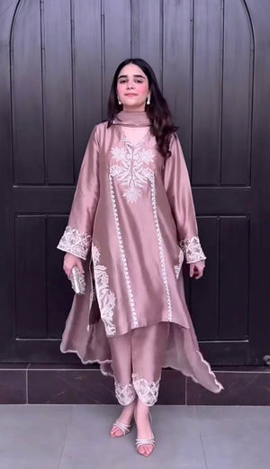 Mauve Embroidered Crepe Silk Kurta Set
