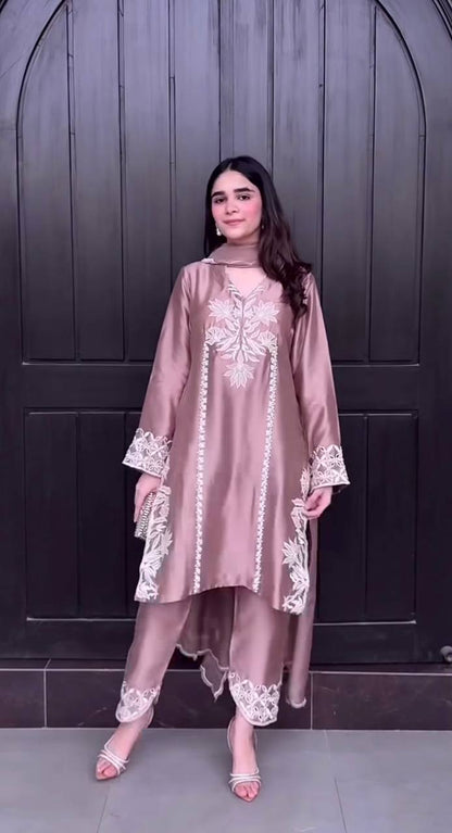 Mauve Embroidered Crepe Silk Kurta Set