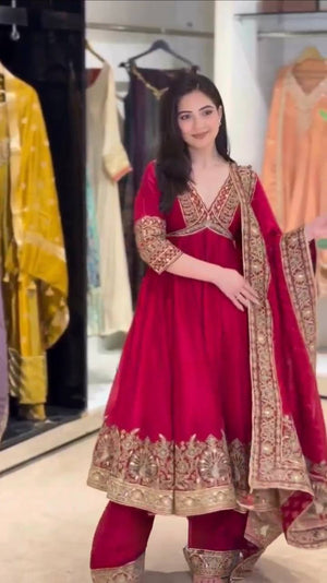 Red Chinon Anarkali Palazzo Set with Dupatta