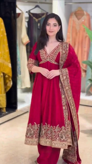 Red Chinon Anarkali Palazzo Set with Dupatta