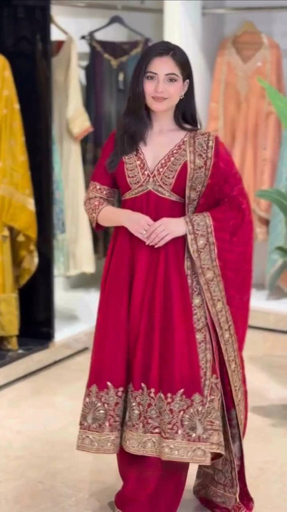 Red Chinon Anarkali Palazzo Set with Dupatta