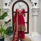 Red Chinon Anarkali Palazzo Set with Dupatta