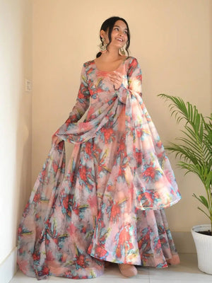Organza Taby Silk Digital Print Gown Set with Dupatta & Bottom