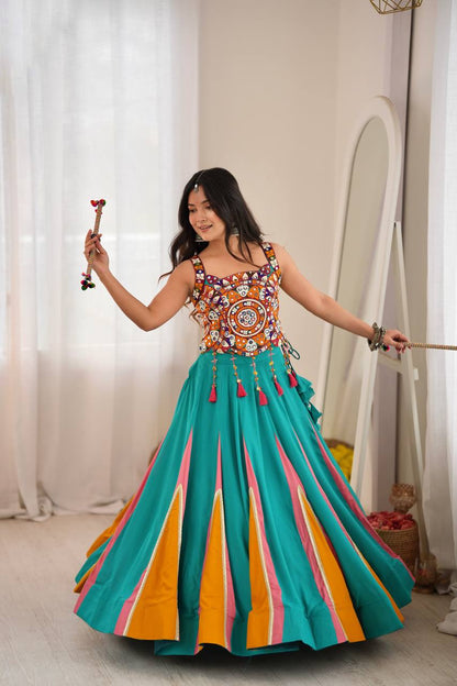 Teal Mirror Work Lehenga Choli for Navratri