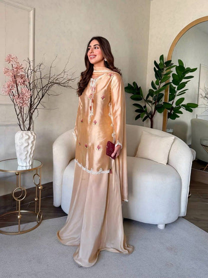 Peach Satin Kurta Palazzo Set with Dupatta