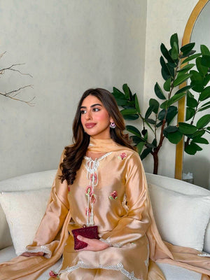 Peach Satin Kurta Palazzo Set with Dupatta