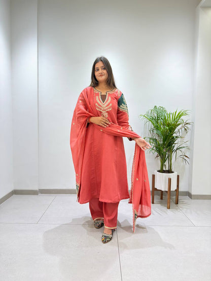 Coral Chanderi Kurta Palazzo Set with Dupatta