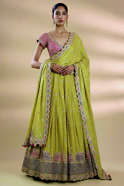 Mehendi Green Bandhani Gaji Silk Lehenga