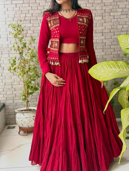 Red Cotton Lehenga with Mirror Work Shrug