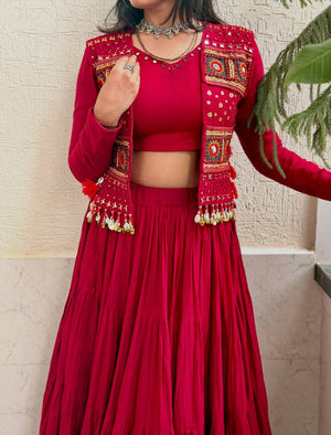 Red Cotton Lehenga with Mirror Work Shrug