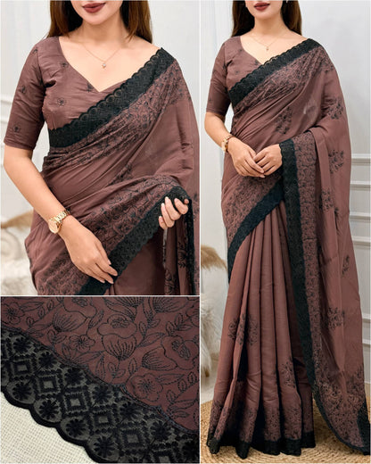 Mul Chanderi Saree with Black Lace Border