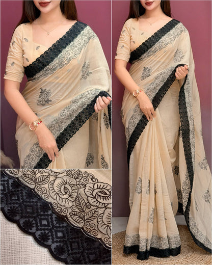Mul Chanderi Saree with Black Lace Border