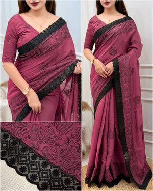 Mul Chanderi Saree with Black Lace Border