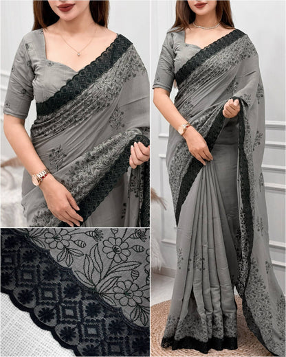 Mul Chanderi Saree with Black Lace Border