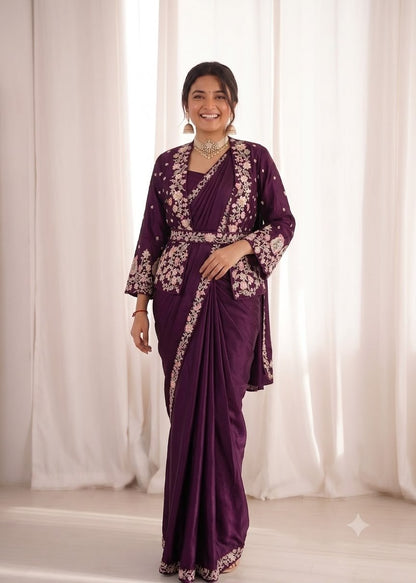 Wine Crepe Satin Saree with Embroidered Jacket