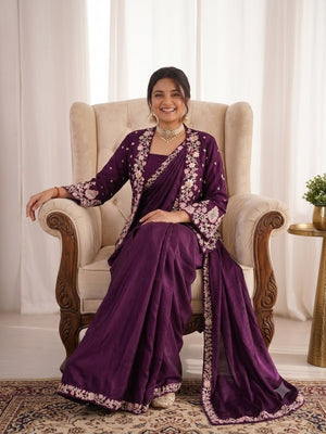 Wine Crepe Satin Saree with Embroidered Jacket