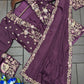 Wine Crepe Satin Saree with Embroidered Jacket