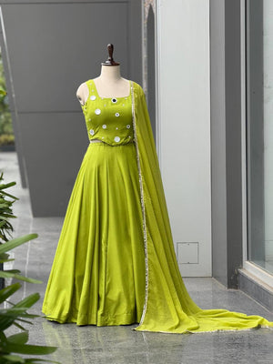 Lime Green Mirror Work Lehenga Choli