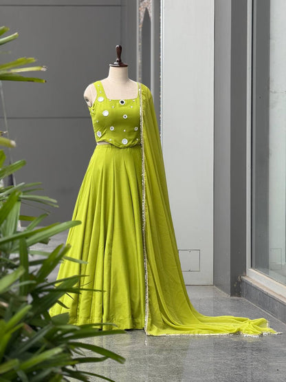 Lime Green Mirror Work Lehenga Choli