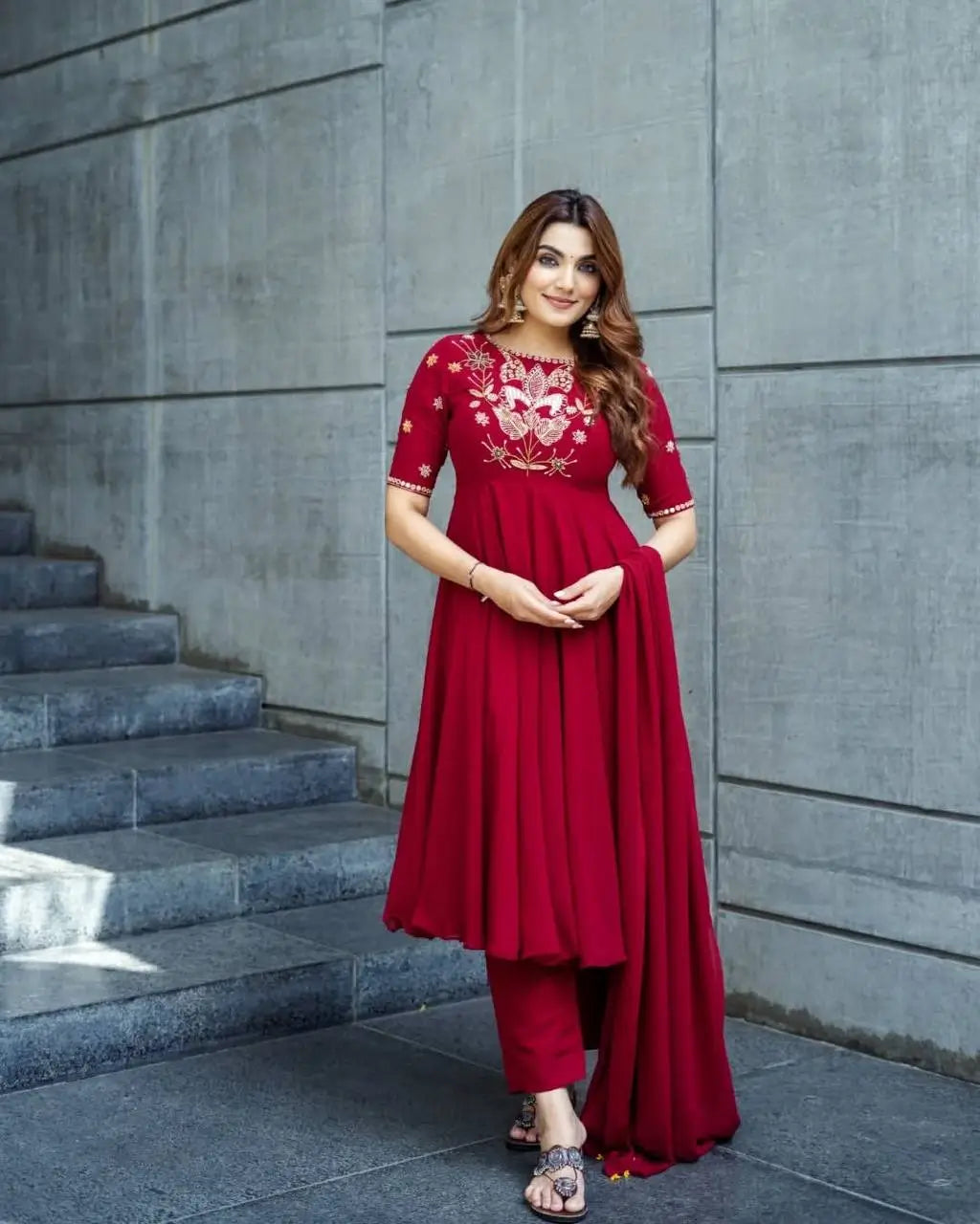 Designer Roman Simmer Silk Embroidered Gown Set