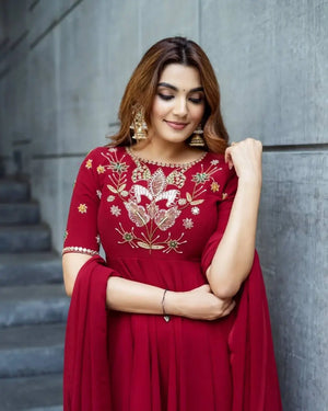Designer Roman Simmer Silk Embroidered Gown Set