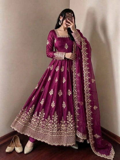 Sage Green Shimmer Silk Anarkali Gown Set
