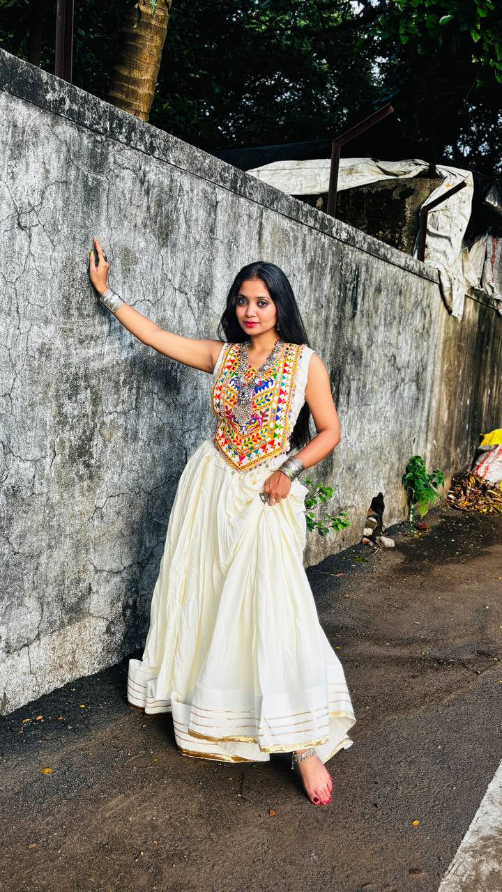 Ivory Rayon Garba Lehenga with Mirror Blouse