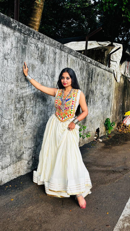 Ivory Rayon Garba Lehenga with Mirror Blouse