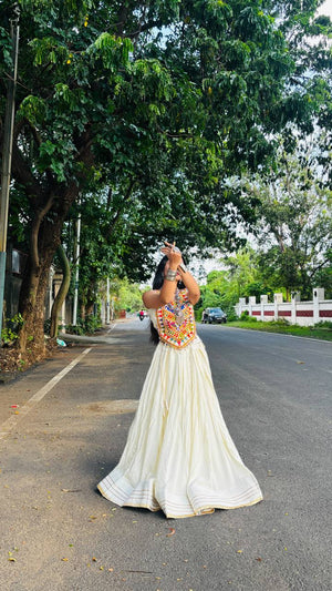 Ivory Rayon Garba Lehenga with Mirror Blouse